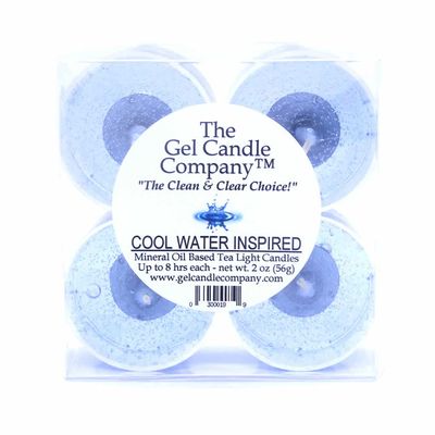 4 Pack of Cool Water Inspired Scented Gel Candle Mineral Oil Based Tea Lights Hand Poured in USA by The Gel Candle CompanyTM - up to 8 Hours Each