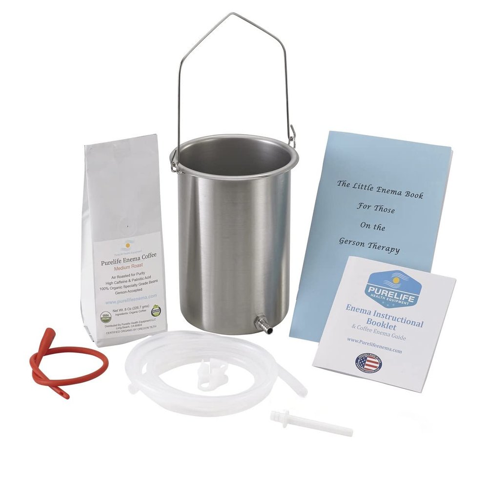 PureLife Coffee Enema Kit / Made in USA/ 304 Food Grade Stainless Steel Enema Bucket/ Medical Grade Silicone Tubing/ 1/2 Lb Organic Air Roasted Coffee/ Doctors #1 Choice