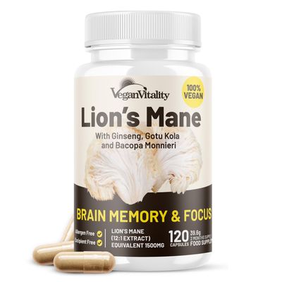Vegan Vitality Lions Mane Supplement Capsules - Nootropic Brain Support Supplement, Lions Mane Mushroom Extract Capsules - 120 Vegan Bacopa Monnieri, Gotu Kola, Ginseng