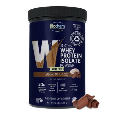Biochem 100% Whey Sugar-Free Chocolate 20g, 12.5oz, Certified Vegetarian, Certified Gluten Free, Certified Non-GMO Tested, Keto Friendly, Grass-Fed