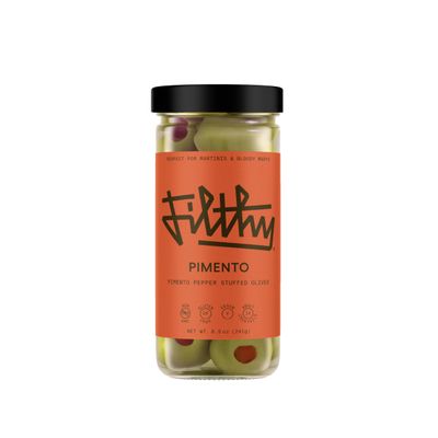 Filthy Pimento Stuffed Olives, Premium Cocktail Garnish, Spanish Pimento Pepper Stuffed Olives, Non-GMO, Gluten Free, Vegan, Naturally Cured Queen Olives Hand Stuffed in the USA, 8.5 Oz Jar, 14 Olives