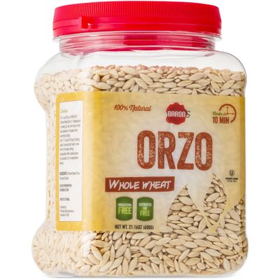Barons Whole Wheat Orzo Pasta | 100% Natural Israeli Rice-Shaped Orzo for Soups, Casseroles & Salads | Cooks in 10 Minutes! | Kosher | 1 Pack 21.16oz Jar