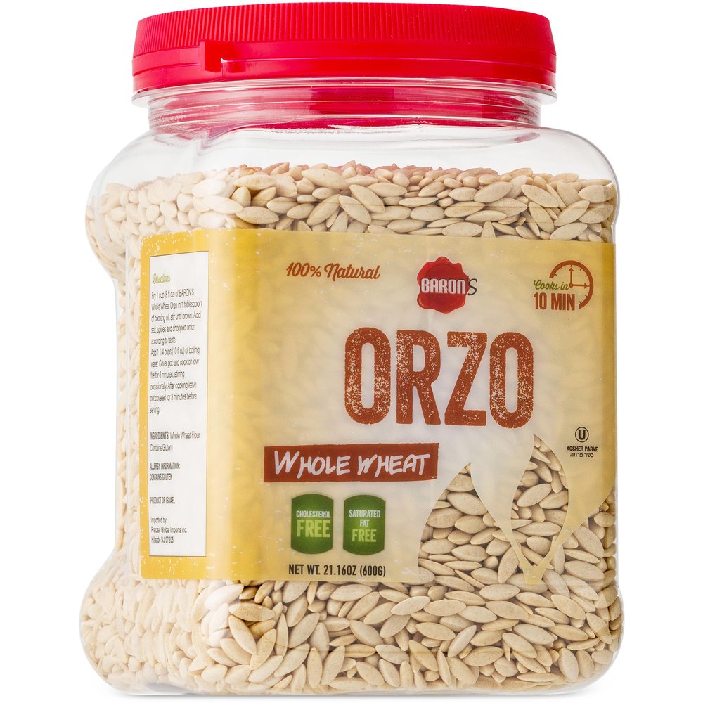 Barons Whole Wheat Orzo Pasta | 100% Natural Israeli Rice-Shaped Orzo for Soups, Casseroles & Salads | Cooks in 10 Minutes! | Kosher | 1 Pack 21.16oz Jar