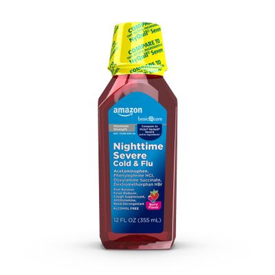 Amazon Basic Care Nighttime Severe Cold and Flu Syrup, Max Strength Liquid Medicine, Multi-Symptom Relief, for Adults and Children 12 Years and Older, Mixed Berry Flavor, 12 fl oz (Pack of 1)