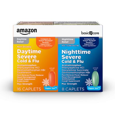 Amazon Basic Care Vapor Ice Daytime and Nighttime Severe Cold and Flu, Coated Caplets, Combo Pack, 24 Count