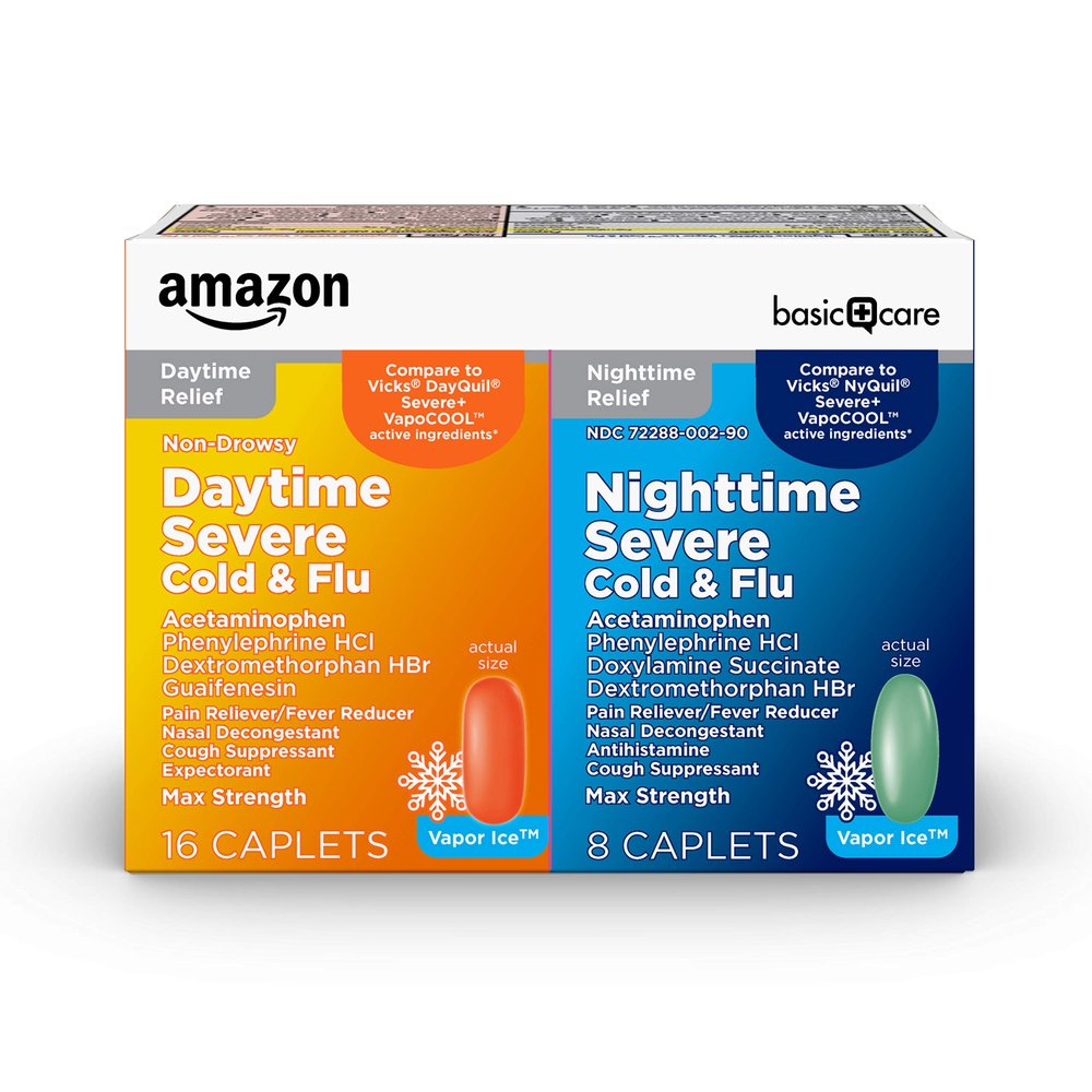 Amazon Basic Care Vapor Ice Daytime and Nighttime Severe Cold and Flu, Coated Caplets, Combo Pack, 24 Count