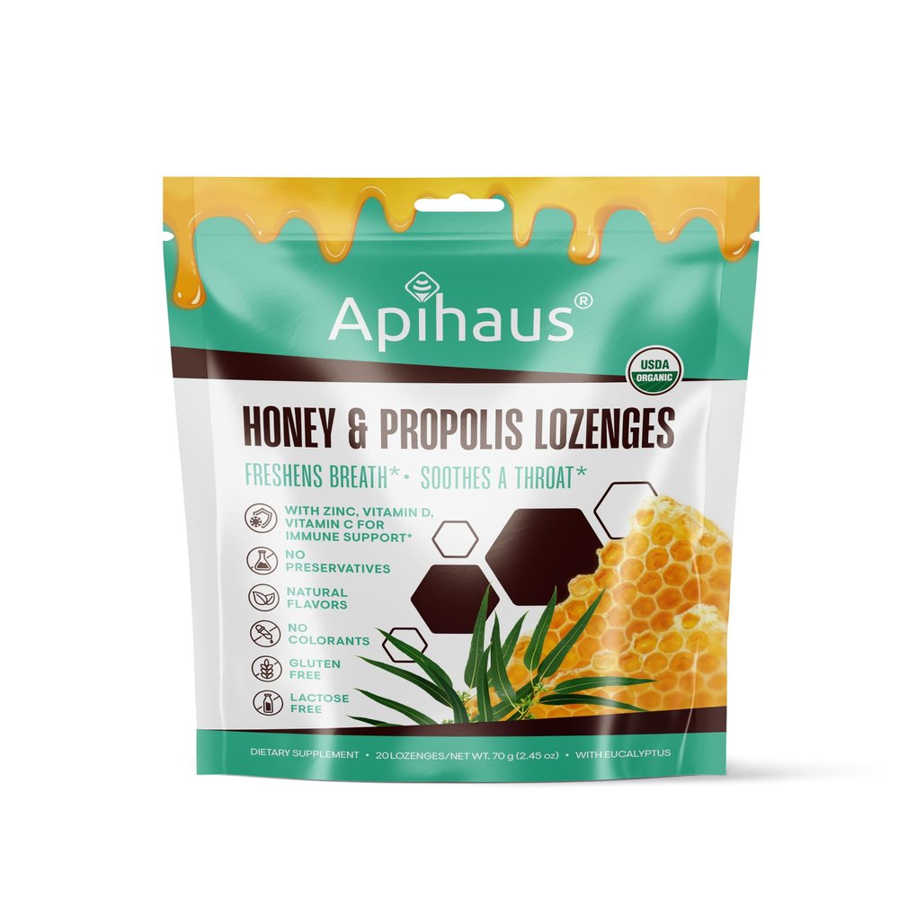 Apihaus Honey and Propolis Lozenges with Eucalyptus, Freshens Breath - Soothes a Throat- Immune Support with Vitamin C, Vitamin D and Zinc, 20 Count