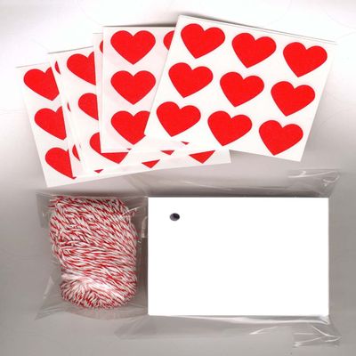 100 Blank White Hang Tags (2-1/2"x3") 100 Red Bakery Twine Strings & 108 Heart Stickers for Crafts & Gifts.