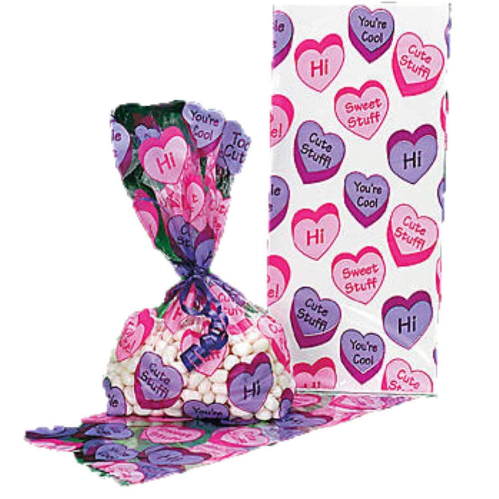 12 VALENTINE Conversation HEART PARTY Favor Cellophane GOODY Bags/CELLO Gift/LOOT BAGS for VALENTINE'S DAY Parties/FAVOR/COOKIES/SWEETS/Dozen