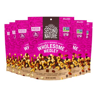Second Nature Wholesome Medley Trail Mix - 14 oz Resealable Snack Pouches (Pack of 6), Certified Gluten-Free Snack - Dark Chocolate, Dried Fruit and Nut Trail Mix, Ideal for Travel Snacks