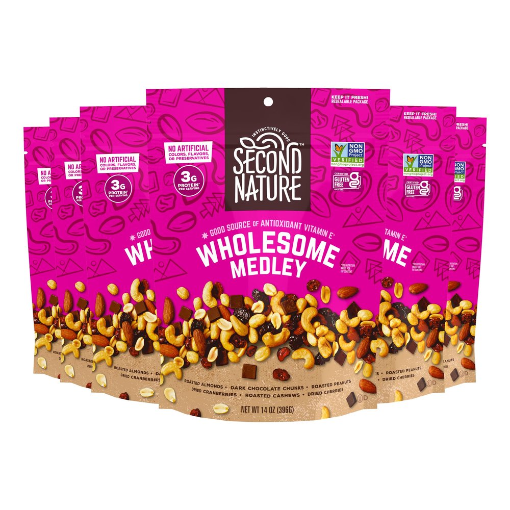 Second Nature Wholesome Medley Trail Mix - 14 oz Resealable Snack Pouches (Pack of 6), Certified Gluten-Free Snack - Dark Chocolate, Dried Fruit and Nut Trail Mix, Ideal for Travel Snacks