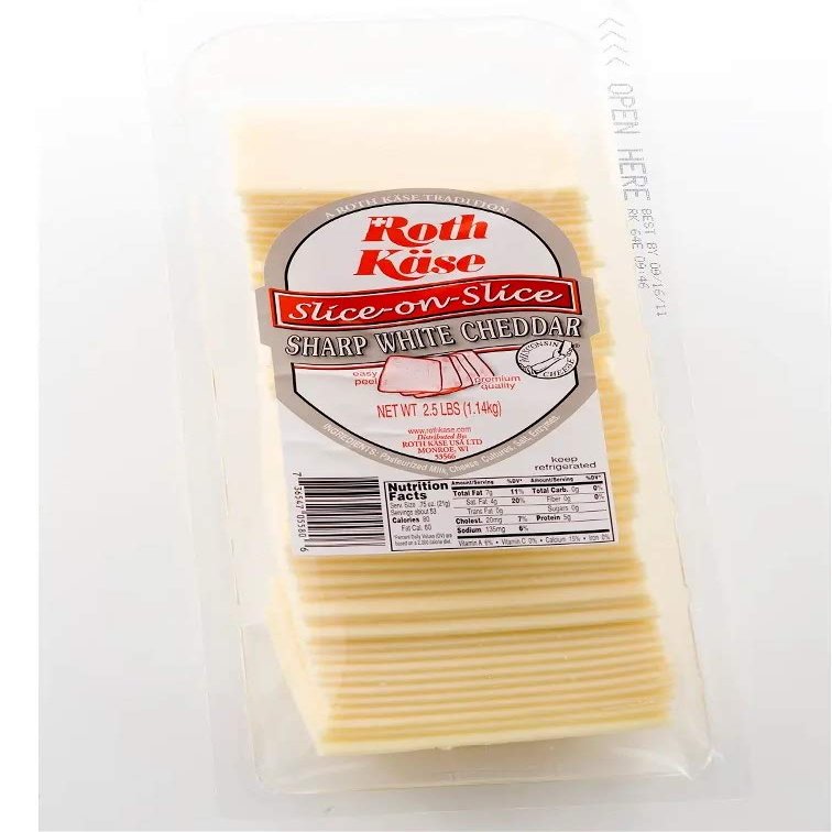 Roth Kase Sharp Slice On Slice White Cheddar Cheese, 2.5 Pound - 4 per case.
