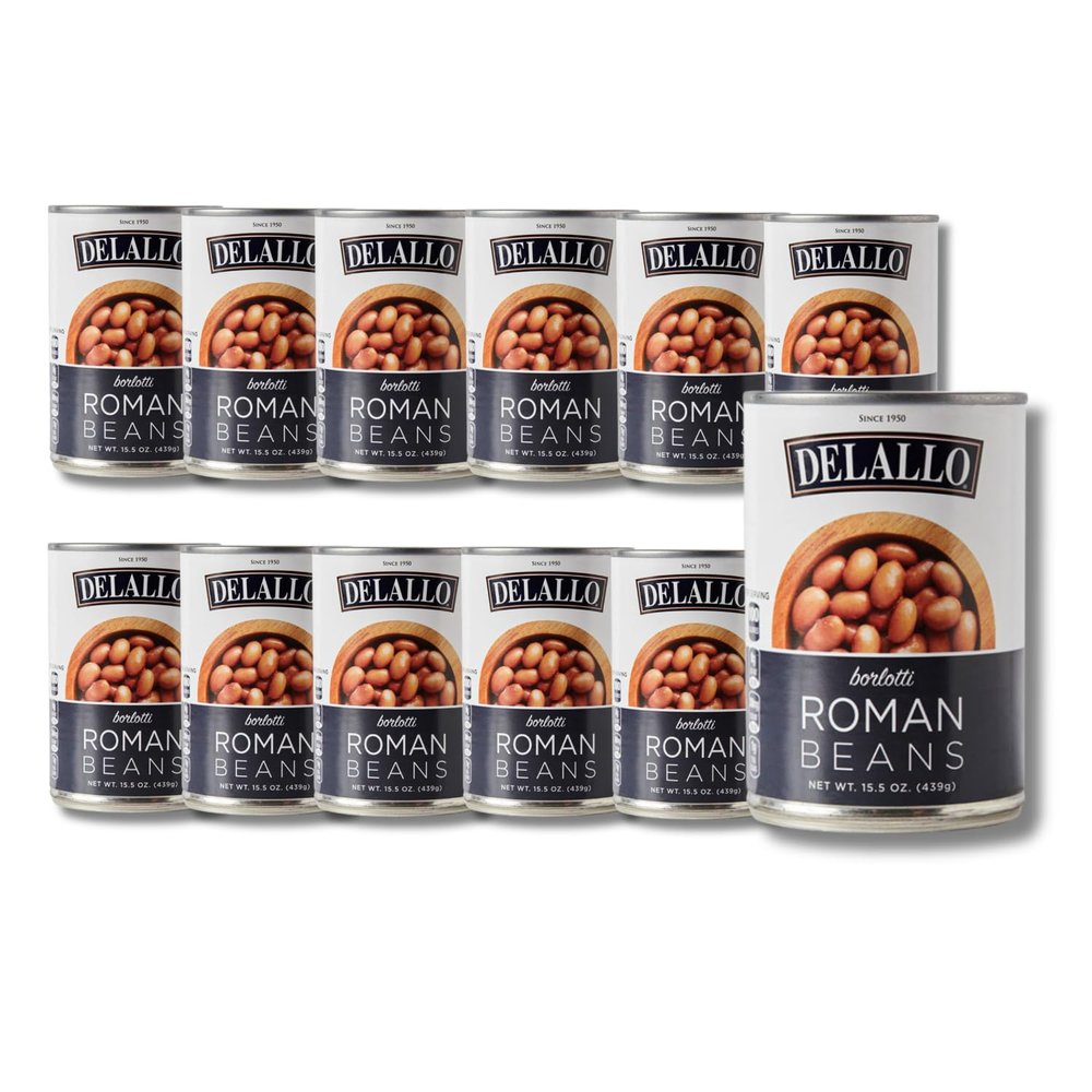 DeLallo Roman Beans, Borlotti Beans for Soups, Salads, and Dips, Non-GMO, Kosher, No Preservatives, Tender Creamy Texture, 15.5 oz Can, (12 Pack)