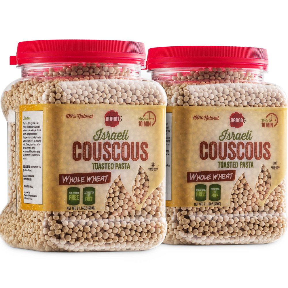 Barons Israeli Whole Wheat Couscous Toasted Pasta | 100% Natural Pearled Noodles for Soups, Side Dishes & More | Cooks in 10 Minutes! | Kosher | 2 Pack 21.16oz Jars