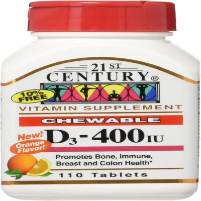 21st Century D3 400 IU Orange Chewable Tablets, Gluten Free, 110 Count (Pack of 3)