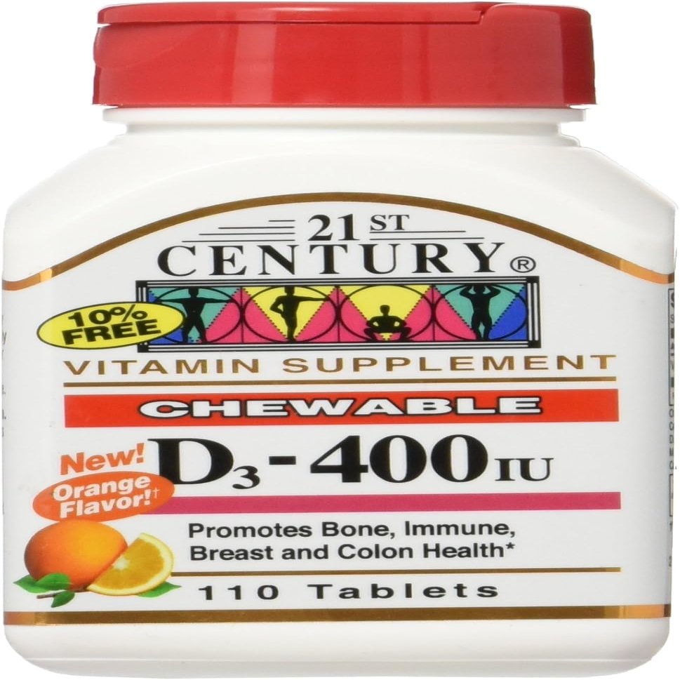 21st Century D3 400 IU Orange Chewable Tablets, Gluten Free, 110 Count (Pack of 3)