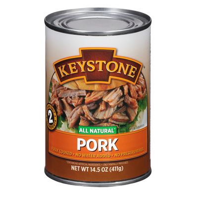 Keystone Meats All Natural Heat and Serve Canned Pork, 14.5 oz Fully Cooked and Ready to Eat Shelf Stable for 5 Years Canned Meat for Everyday Meals, Emergency Survival Food, and Long-Term Storage Gluten-Free, No Carbs, Non-Perishable Made