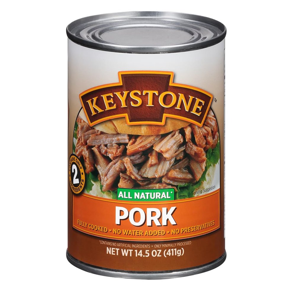 Keystone Meats All Natural Heat and Serve Canned Pork, 14.5 oz  Fully Cooked and Ready to Eat  Shelf Stable for 5 Years  Canned Meat for Everyday Meals, Emergency Survival Food, and Long-Term Storage  Gluten-Free, No Carbs, Non-Perishable  Made 