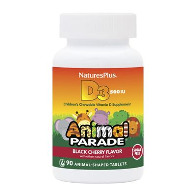 Natures Plus Animal Parade Sugar-Free Children's Vitamin D3 - 500 IU - Black Cherry Flavor - 90 Chewable Animal Shaped Tablets - Bone Health & Immune System Support - 90 Servings