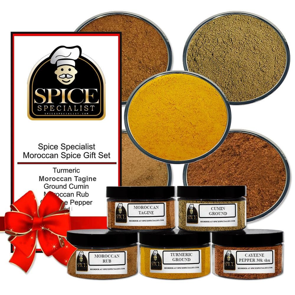 Moroccan Spice Gift Set- Contains: 5 different spice jars (1 each of: Ground Cumin, Moroccan Rub, Turmeric, Cayenne Pepper and Moroccan Tagine Seasoning.)