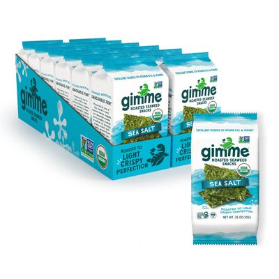 Gimme Seaweed Organic Premium Roasted Seaweed Snacks, Sea Salt, 12 Count Sharing Size, Keto, Vegan, Gluten-Free, Great Source of Omega3s and Iodine, Healthy On-The-Go Snack for Kids and Adults