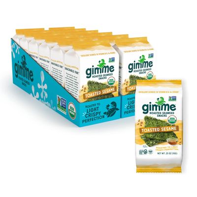 Gimme Seaweed Organic Premium Roasted Seaweed Snacks, Toasted Sesame, 12 Count Sharing Size, Keto, Vegan, Gluten-Free, Great Source of Omega3s and Iodine, Healthy On-The-Go Snack for Kids and Adults