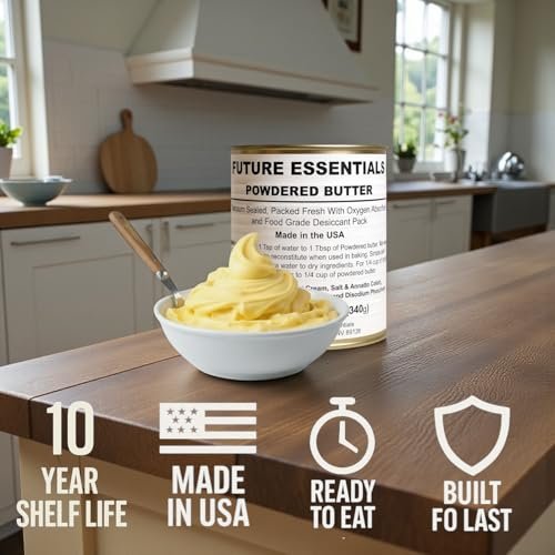 Future Essentials Powdered Butter  Butter Powder with 10+ Years Shelf Life  Emergency Survival Food  Great for Preppers, Camping & Food Storage  Made in the USA  12 oz #2.5 Can