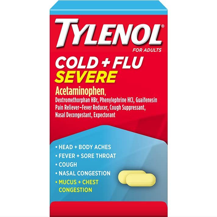 Controls Headache, Fever, Sore Throat - Tylenol Cold and Flu Severe Caplets, 24 Count (Pack of 2)