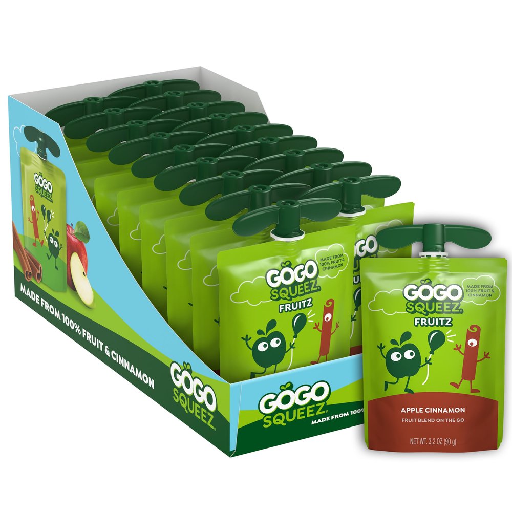 GoGo squeeZ Applesauce and Fruit Puree, Apple Cinnamon, 3.2 oz (Pack of 18), Unsweetened Fruit Snacks for Kids, Gluten Free, Nut Free and Dairy Free, BPA Free Pouches (Packaging May Vary)