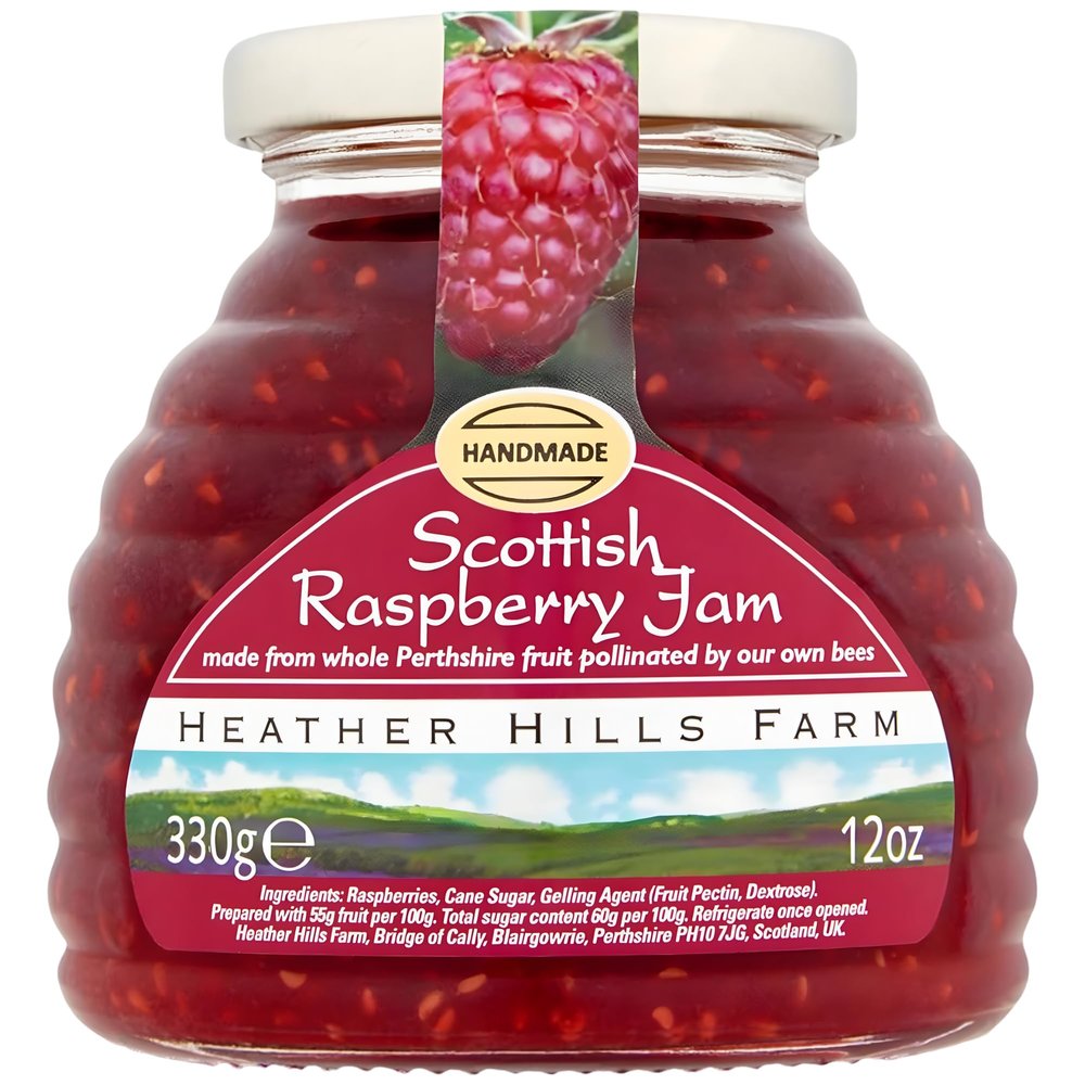 Heather Hills Farm Scottish Raspberry Jam 11.6oz (330g) - Handmade Artisan Fruit Preserve, Tart Natural Soft Set Jam, Scottish Food Gift from Scotland, British Raspberry Spread for Breakfast