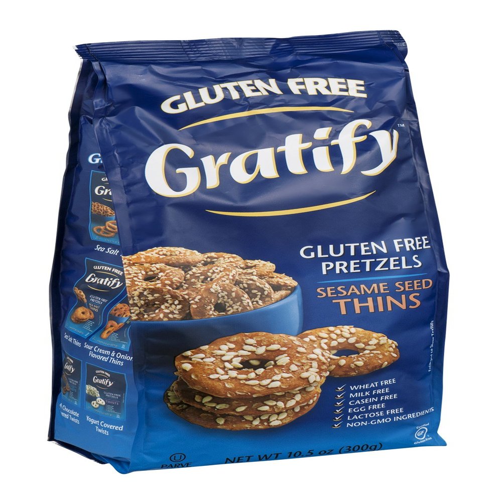Gratify Gluten Free Pretzel Thins Sesame Seed Vegan GF Pretzel Crisps, 10.5oz Bag (Pack of 6)