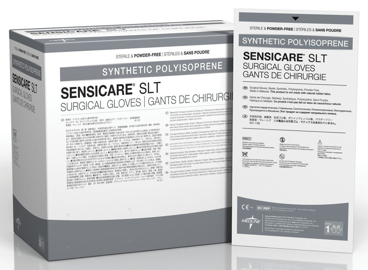 Medline SensiCare PI SLT Surgical Gloves, Powder-Free Polyisoprene, Size 8.5, Lightly Textured, 12 Inch Beaded Cuffs, Case of 200 Pairs
