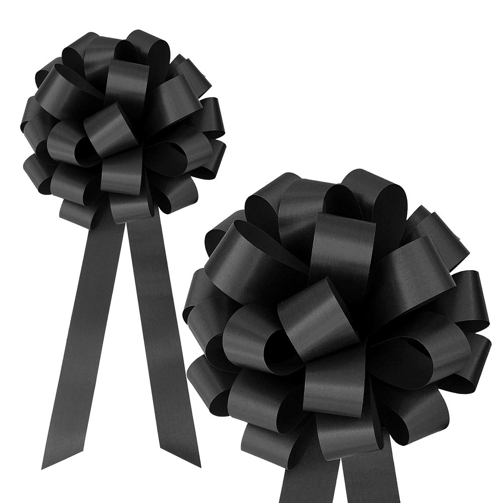 Black Pull Bows with Tails - 8" Wide, Set of 6, Christmas, Halloween, Funeral, Mourning, Gift Wrap, Birthday, Anniversary