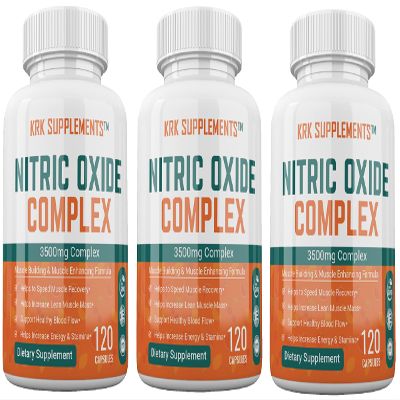 KRK SUPPLEMENTS 3 Bottles Nitric Oxide Complex 3500mg Per Serving L-Arginine HCL AAKG AKG Alpha Ketoglutarate Citrulline Malate 360 Total Capsules