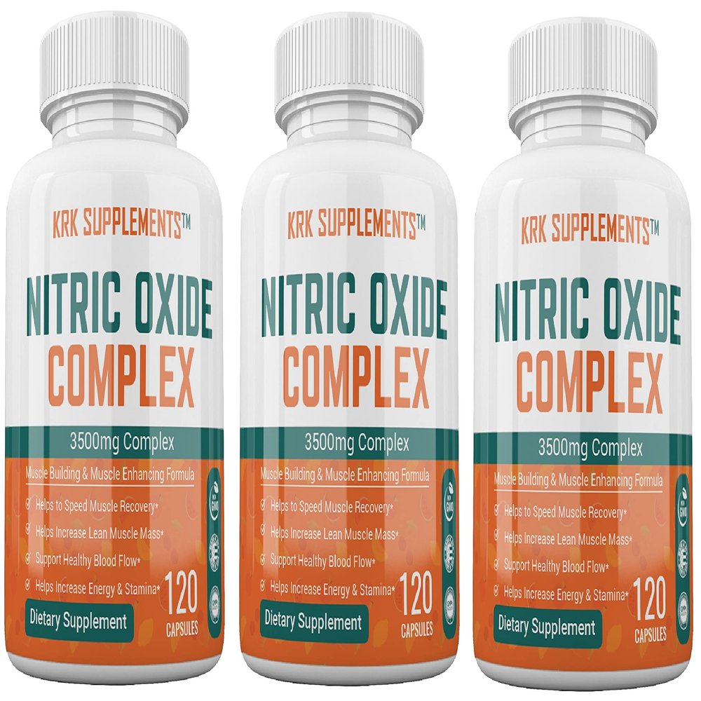 KRK SUPPLEMENTS 3 Bottles Nitric Oxide Complex 3500mg Per Serving L-Arginine HCL AAKG AKG Alpha Ketoglutarate Citrulline Malate 360 Total Capsules