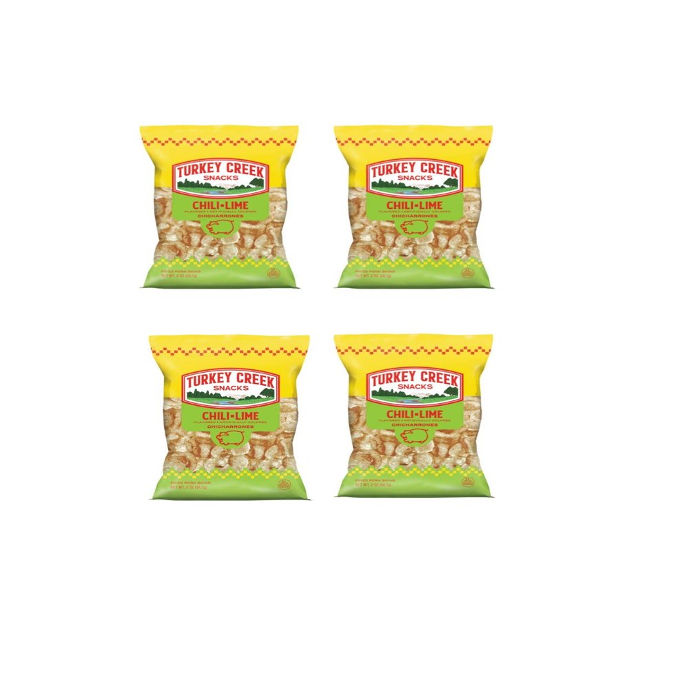 Turkey Creek - Americas Best Fried Pork Skins, offers a Premium 4-Bag Pack of its Chili-Lime Pork Rinds . These Pork Skin Chips (Chicharrones) are packed in full 2.0 oz bags.