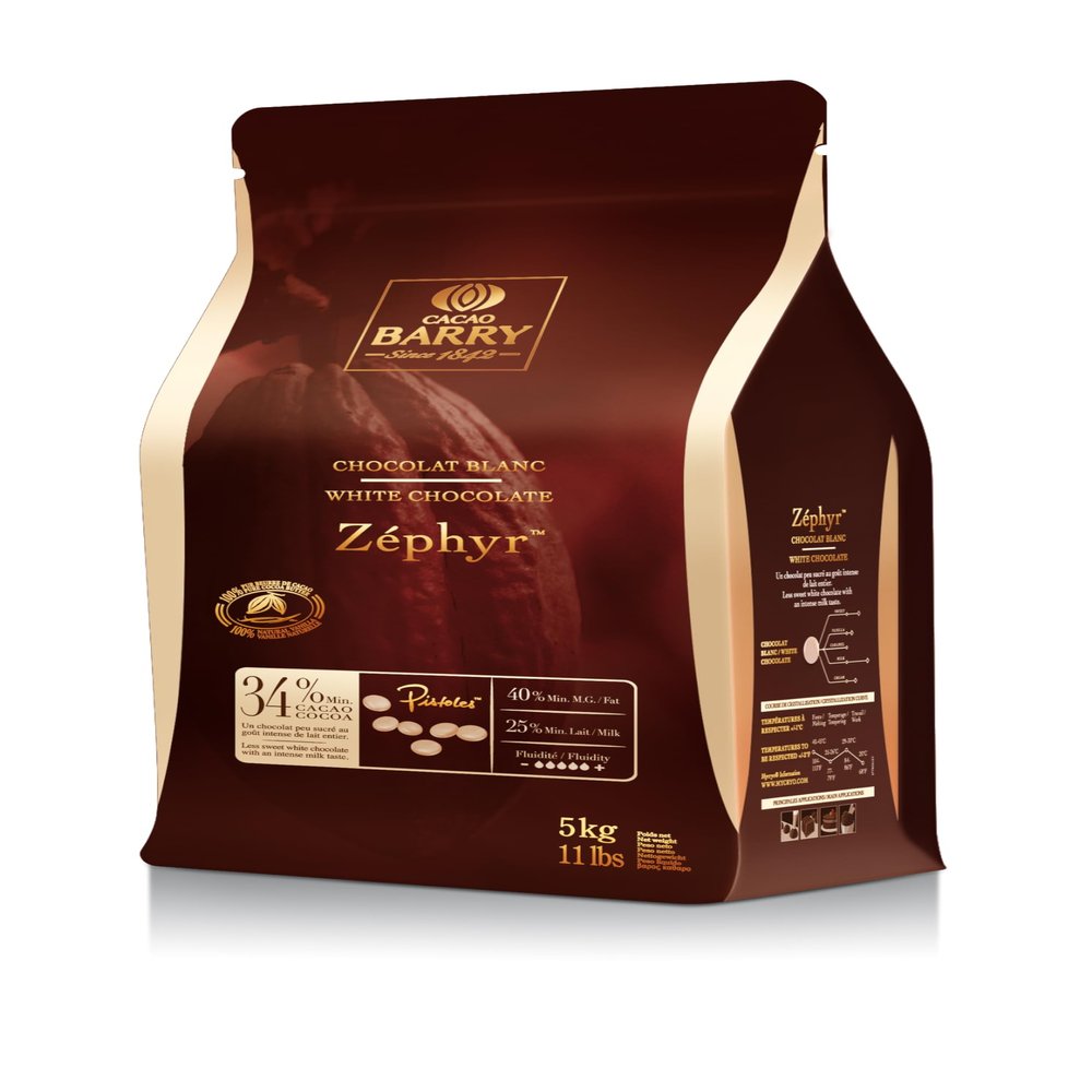 Cacao Barry Callebaut Zephyr White Chocolate Pistoles, Belgian, 34% Cacao, 5 kg, Kosher, Halal, Gourmet Chocolate for Chefs