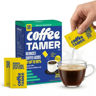 Coffee Tamer Acid Reducer Powder 50 Pack Box - All Natural Coffee Acid Reducer, Alkalizing Granules Reduce Acidity By 90%, Keto Friendly, Sugar-Free, Non-GMO, Preserves Original Flavor