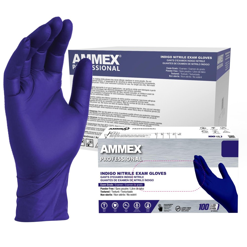 AMMEX Indigo Nitrile Disposable Exam Gloves 3 Mil, Latex/Powder Free, Food-Safe, Textured, Non-Sterile, X-Large, Case of 1000