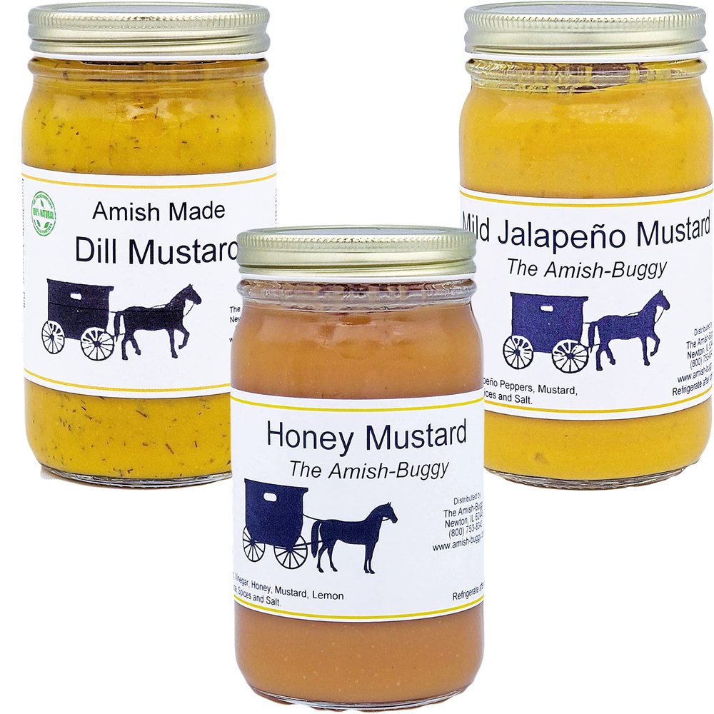 Amish Mustard Assortment - Three 7 Oz Jars - Dill, Honey & Hot Jalapeno