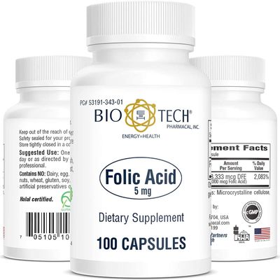 Bio-Tech Pharmacal Folic Acid (5 mg), 100 Capsules  All-Natural Supplement  Supports Cardiovascular, Nervous System, & Prenatal Health  No Dairy, Fish, Gluten, Peanut, Shellfish, GMOs, Halal, & Soy