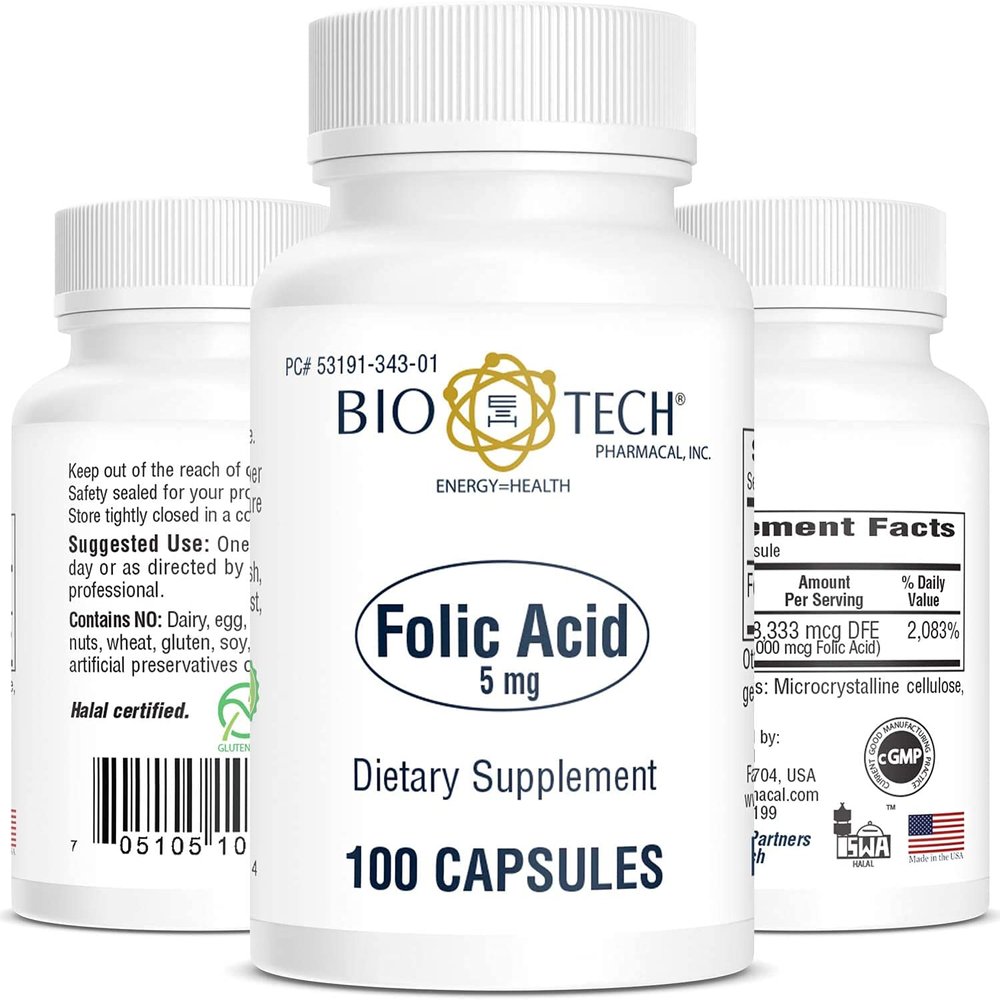 Bio-Tech Pharmacal Folic Acid (5 mg), 100 Capsules  All-Natural Supplement  Supports Cardiovascular, Nervous System, & Prenatal Health  No Dairy, Fish, Gluten, Peanut, Shellfish, GMOs, Halal, & Soy