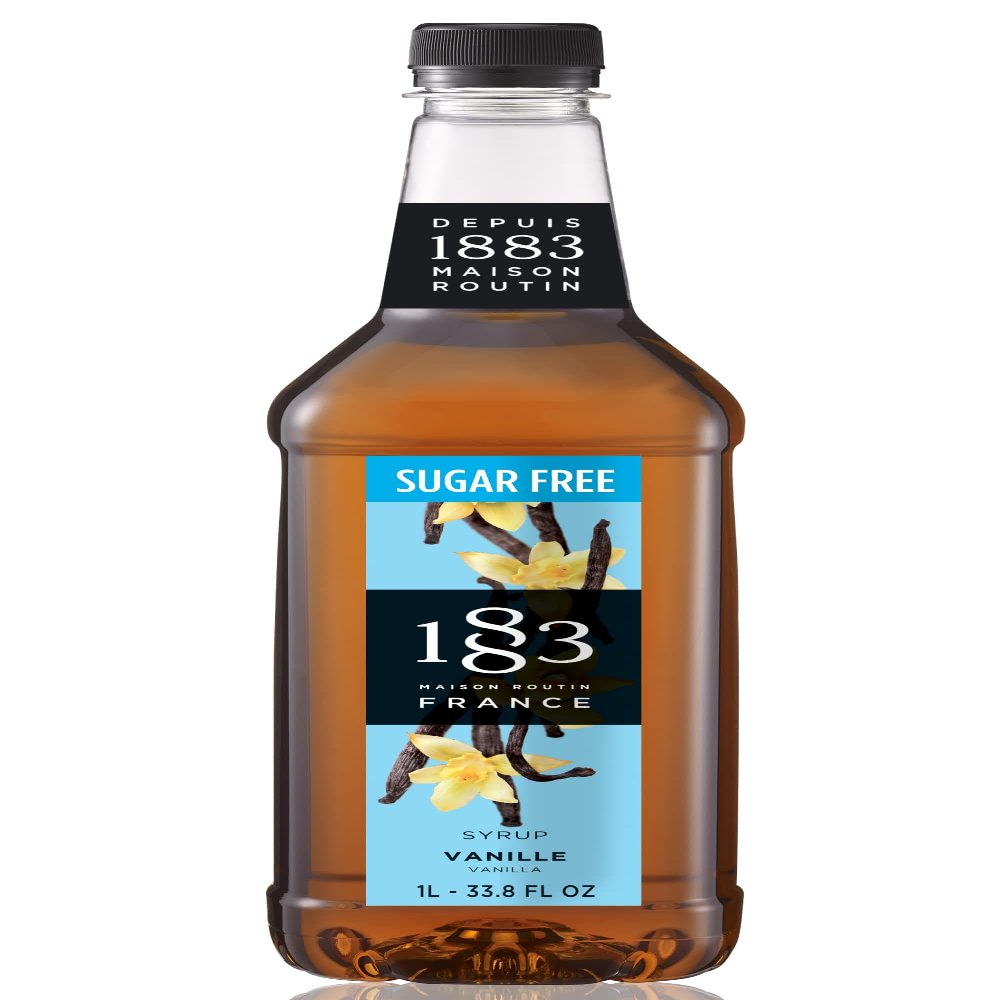 1883 Sugar Free Vanilla Syrup  Sugar Free Vanilla Coffee Syrup, Zero Calorie Beverage Mixer, Made in France, 1 Liter Plastic Bottle