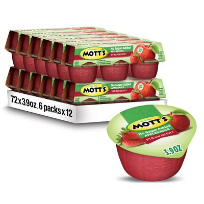 Mott's No Sugar Added Strawberry Applesauce, 3.9 Oz Cups, 72 Count (12 Packs Of 6), Good Source Of Vitamin C, No Artificial Flavors