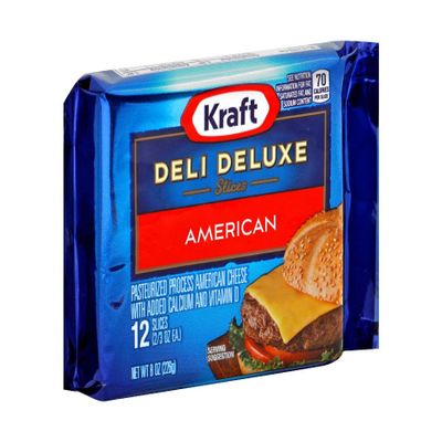 Kraft Deli Deluxe American Sliced Cheese, 8 Ounce - 12 per case.