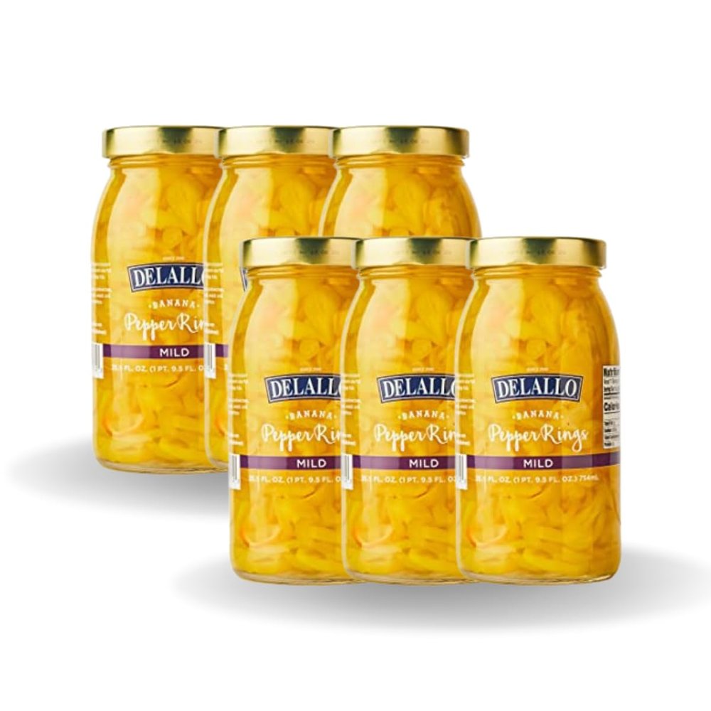 DeLallo Mild Banana Pepper Rings, 25.5 Ounce Jar 6 Pack, Zesty Yellow Pickled Pepper Rings for Pizzas & Sandwiches, 100% Cured, Non-GMO, Vegan, Grown in USA