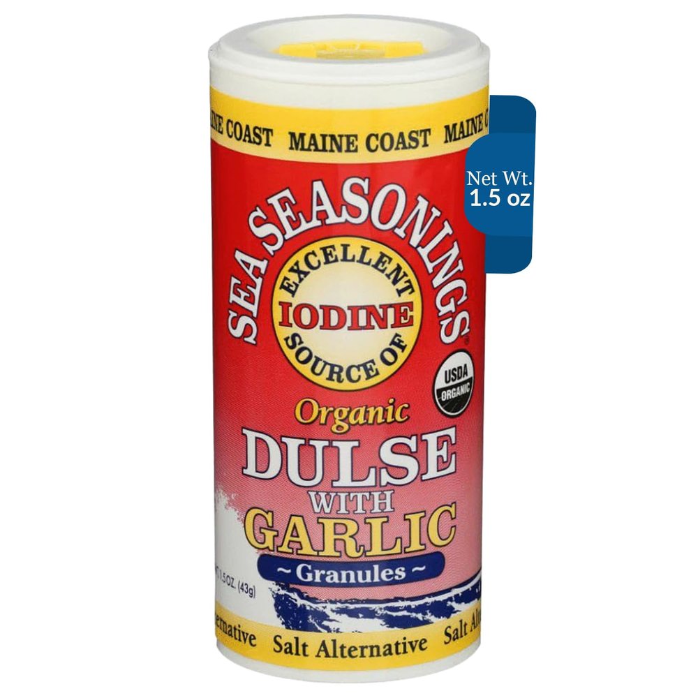 Maine Coast Sea Vegetables Organic Dulse Granules With Garlic Shaker | Seaweed Seasoning | Rich in Iodine | North Atlantic Harvested | Great for Salads ,Soup & Smoothies | 1.5 oz (Pack of 1)