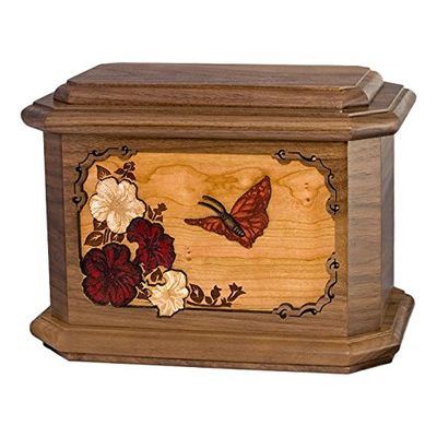 Wood Cremation Urn - Walnut Butterfly Octagon
