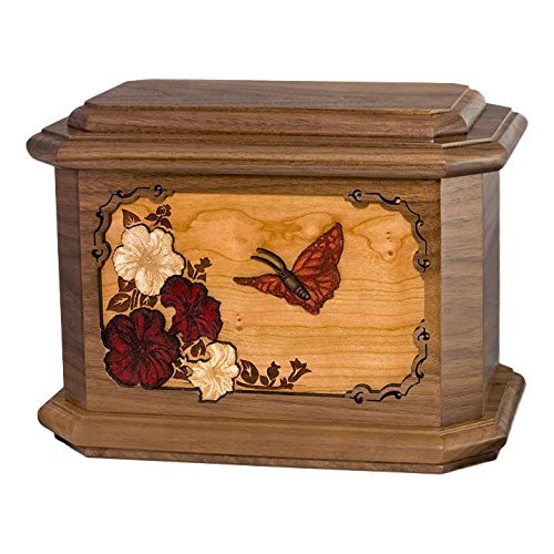 Wood Cremation Urn - Walnut Butterfly Octagon