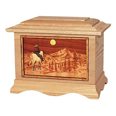 Wood Cremation Urn - Oak Horse and Rider on Mountain Ambassador